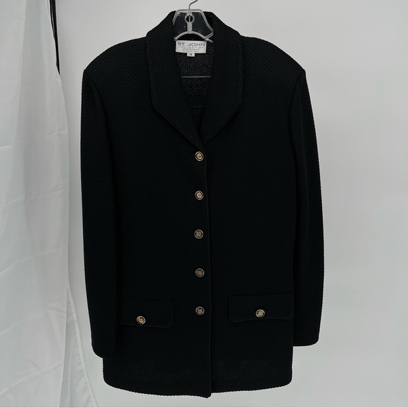 St. John Collection Santana Knit Blazer Suit Set Size 14 Black Gold Buttons - Picture 2 of 11